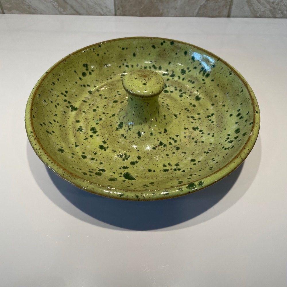 Studio Pottery Scrambled Egg Baker Ceramic Green Speckled Glaze Signed 7.75 Inch